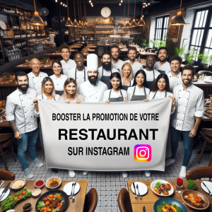 Équipe de restaurant tenant une bannière Boostez Votre Promo sur Instagram